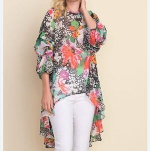 Joseph Ribkoff Sheer Blouse 16 Hi Low Hem Ruffle Sleeve Print